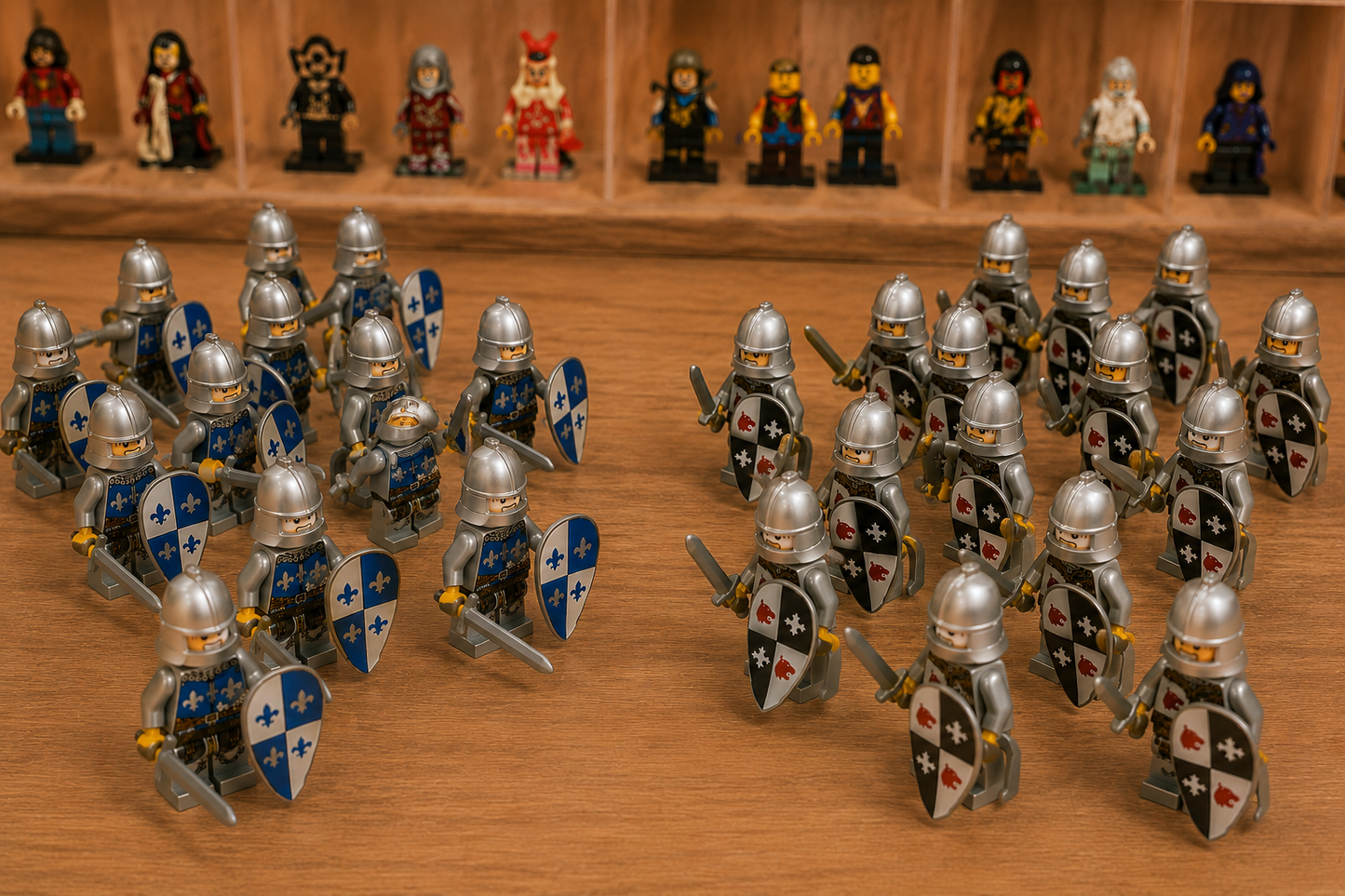 24-Piece Medieval Knight Minifigure Army Set – Blue vs Black Fantasy Building Block Figures with Shields & Swords