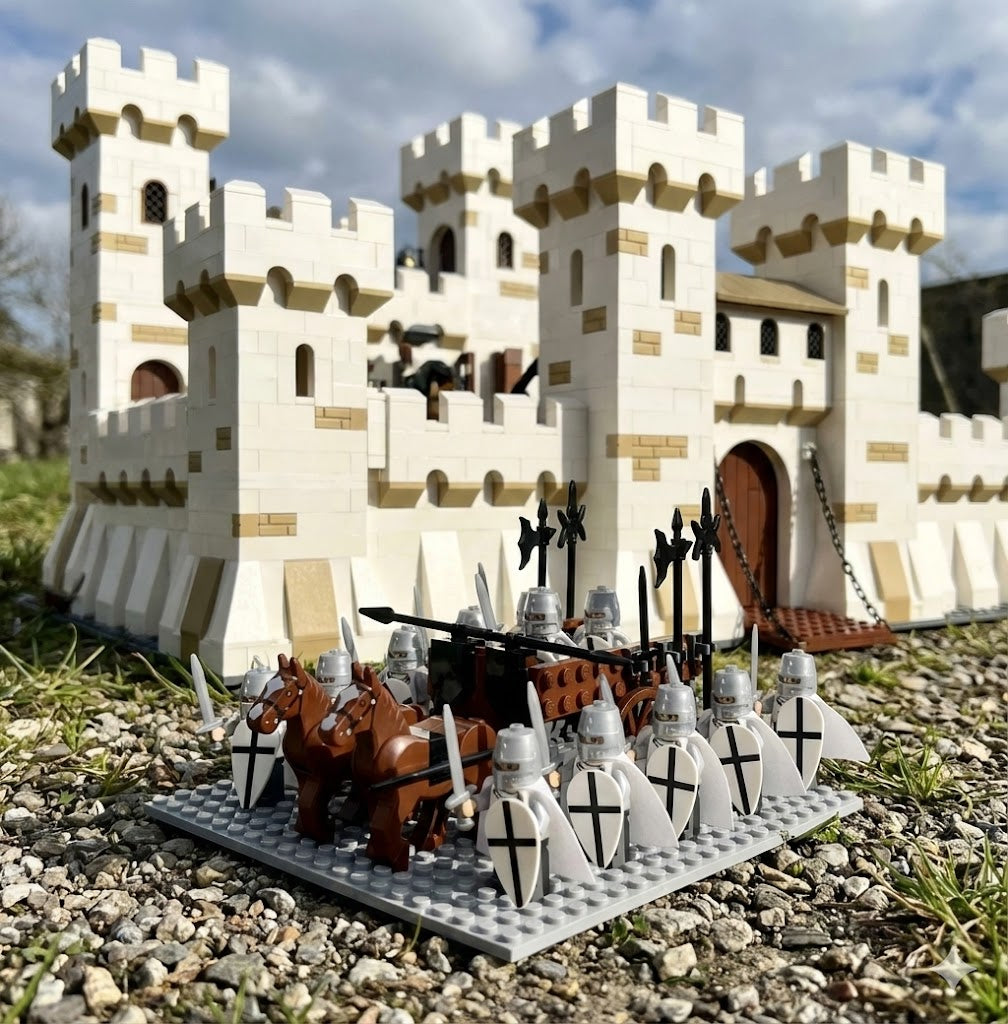 12PCS White Medieval Knight Minifigures Set with MOC War Chariot, 2 Horses & Baseplate