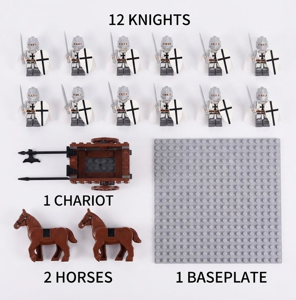 12PCS White Medieval Knight Minifigures Set with MOC War Chariot, 2 Horses & Baseplate