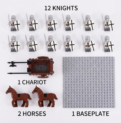 12PCS White Medieval Knight Minifigures Set with MOC War Chariot, 2 Horses & Baseplate