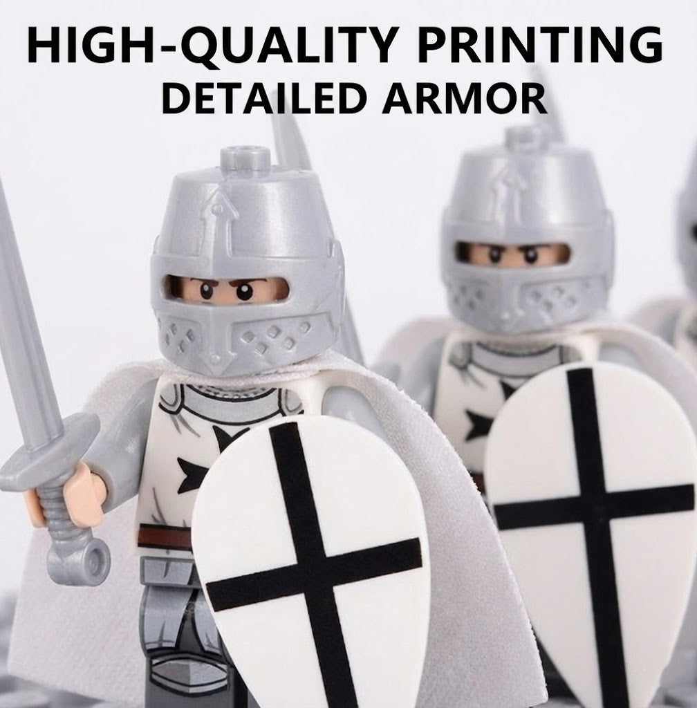 12PCS White Medieval Knight Minifigures Set with MOC War Chariot, 2 Horses & Baseplate