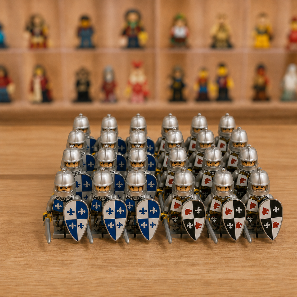 24-Piece Medieval Knight Minifigure Army Set – Blue vs Black Fantasy Building Block Figures with Shields & Swords