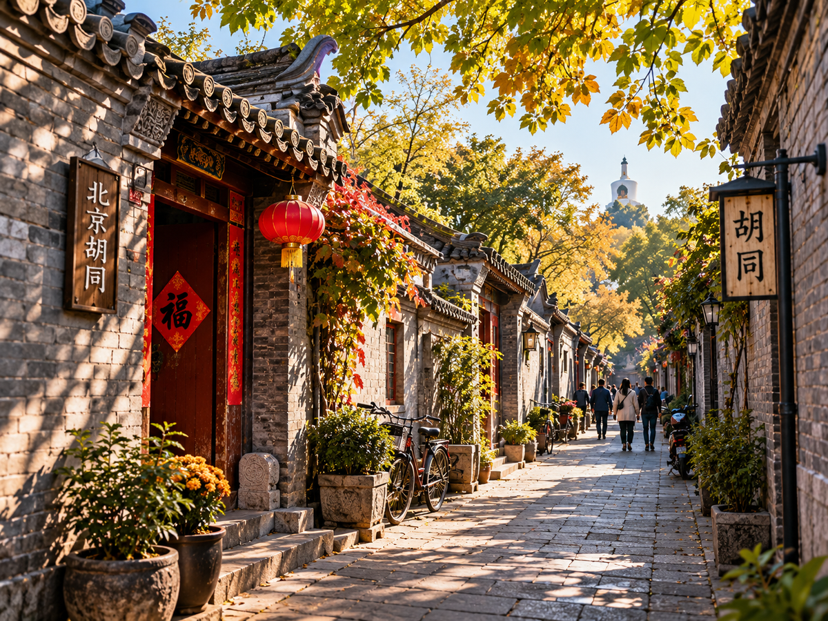 Traditional Beijing hutong alley with grey brick courtyard homes