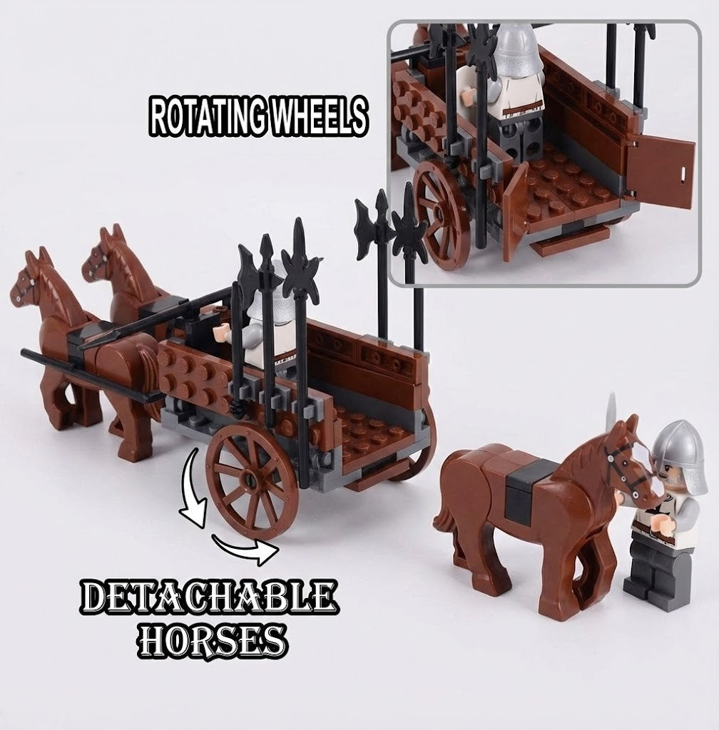 12PCS White Medieval Knight Minifigures Set with MOC War Chariot, 2 Horses & Baseplate