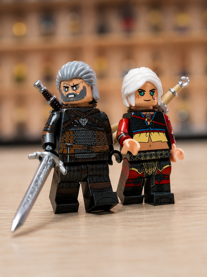 Fantasy Monster Hunter Minifigure Set – 2PC White-Haired Warrior Building Block Figures