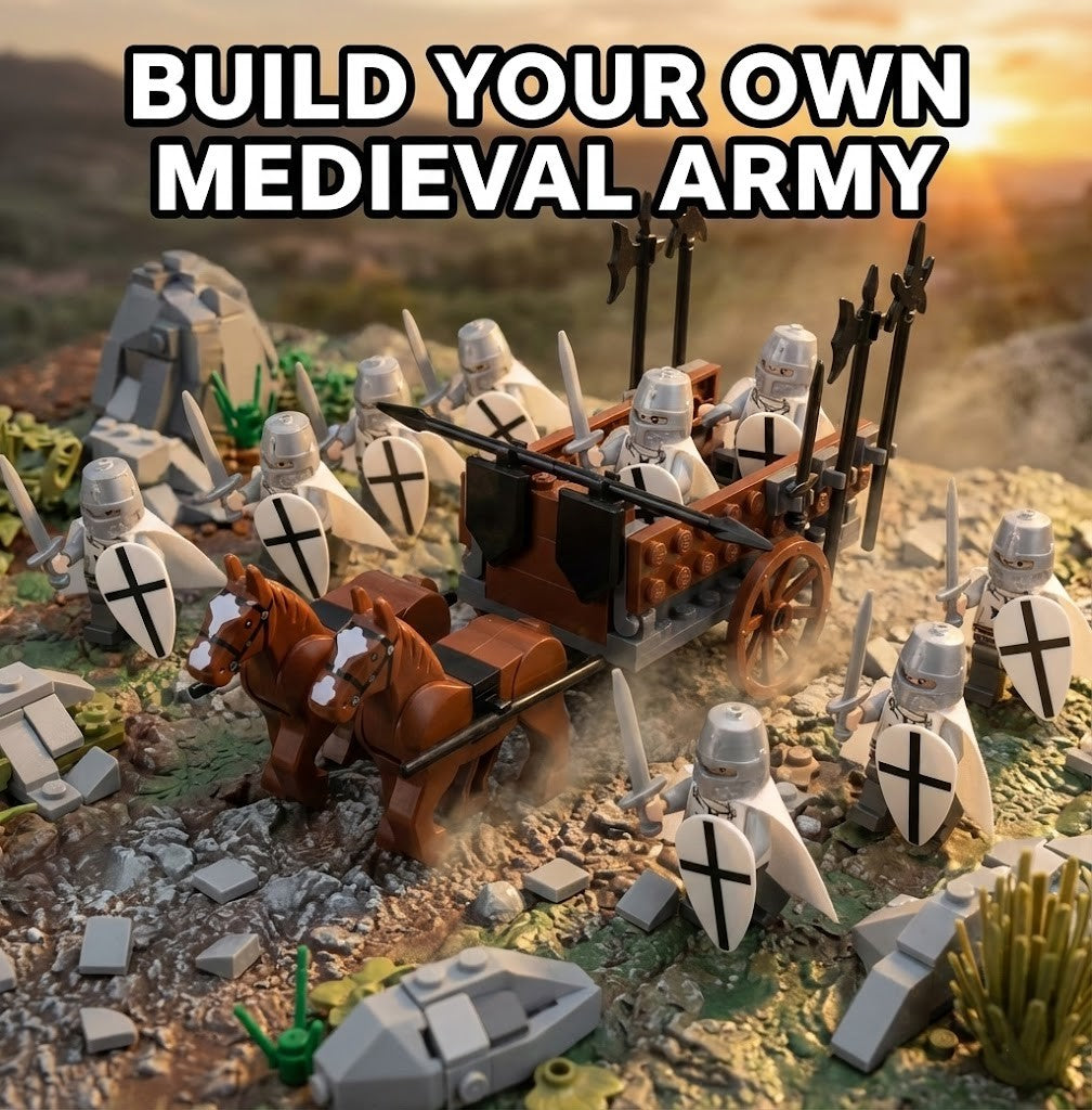 12PCS White Medieval Knight Minifigures Set with MOC War Chariot, 2 Horses & Baseplate