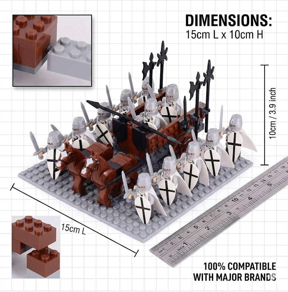 12PCS White Medieval Knight Minifigures Set with MOC War Chariot, 2 Horses & Baseplate