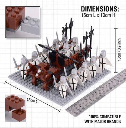 12PCS White Medieval Knight Minifigures Set with MOC War Chariot, 2 Horses & Baseplate