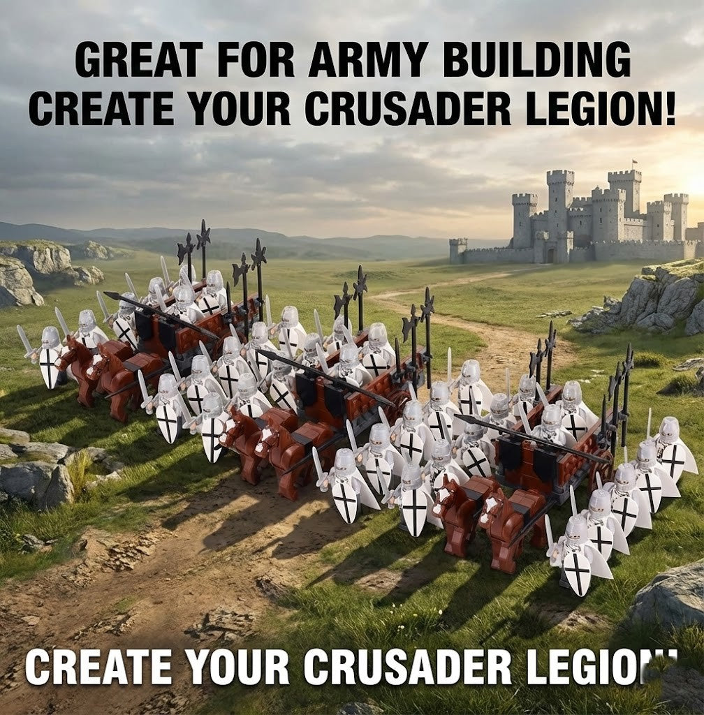 12PCS White Medieval Knight Minifigures Set with MOC War Chariot, 2 Horses & Baseplate