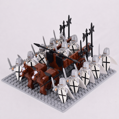 12PCS White Medieval Knight Minifigures Set with MOC War Chariot, 2 Horses & Baseplate