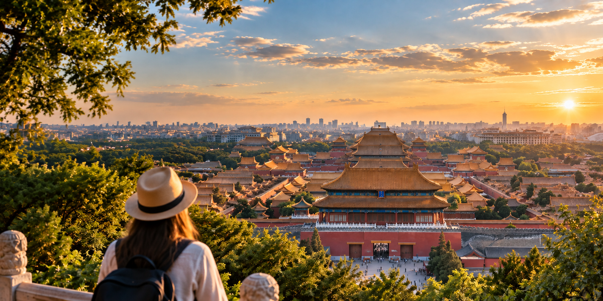 Panoramic view of the Forbidden City and Beijing skyline at golden hour