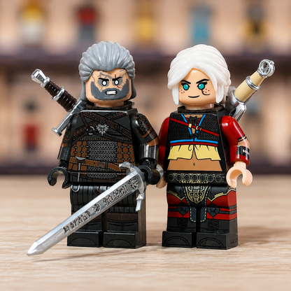 Fantasy Monster Hunter Minifigure Set – 2PC White-Haired Warrior Building Block Figures