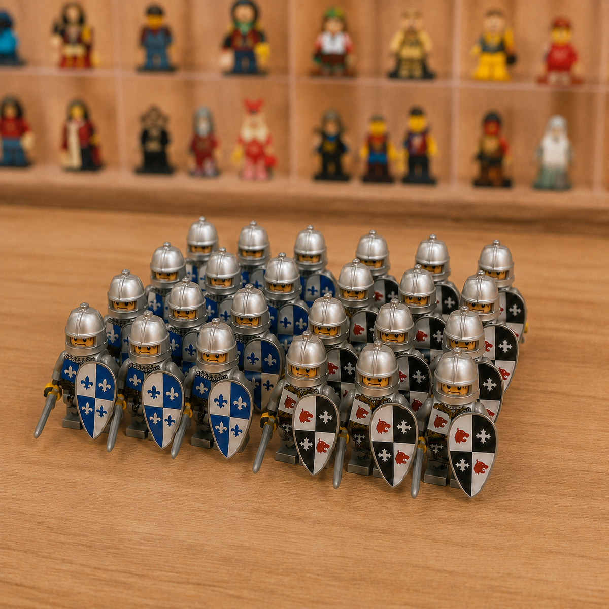 24-Piece Medieval Knight Minifigure Army Set – Blue vs Black Fantasy Building Block Figures with Shields & Swords