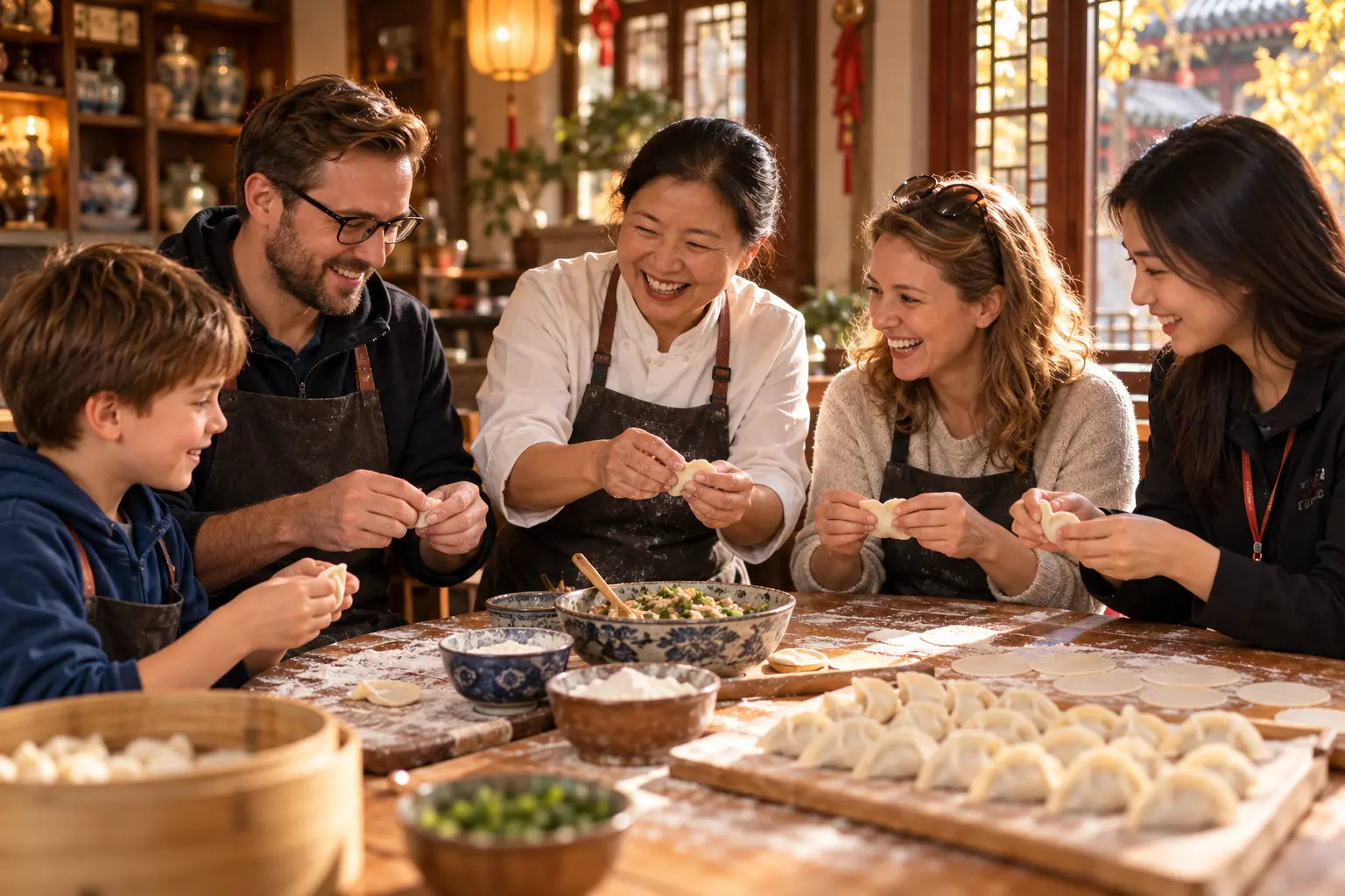 A family making dumplings with a Beijing host and local guide