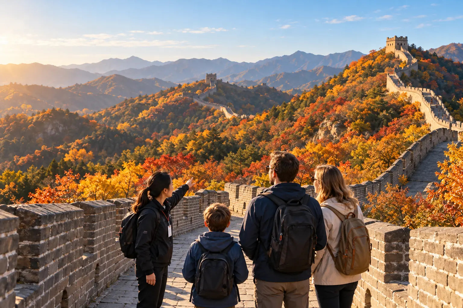 A private family group and local guide taking in the Great Wall during autumn