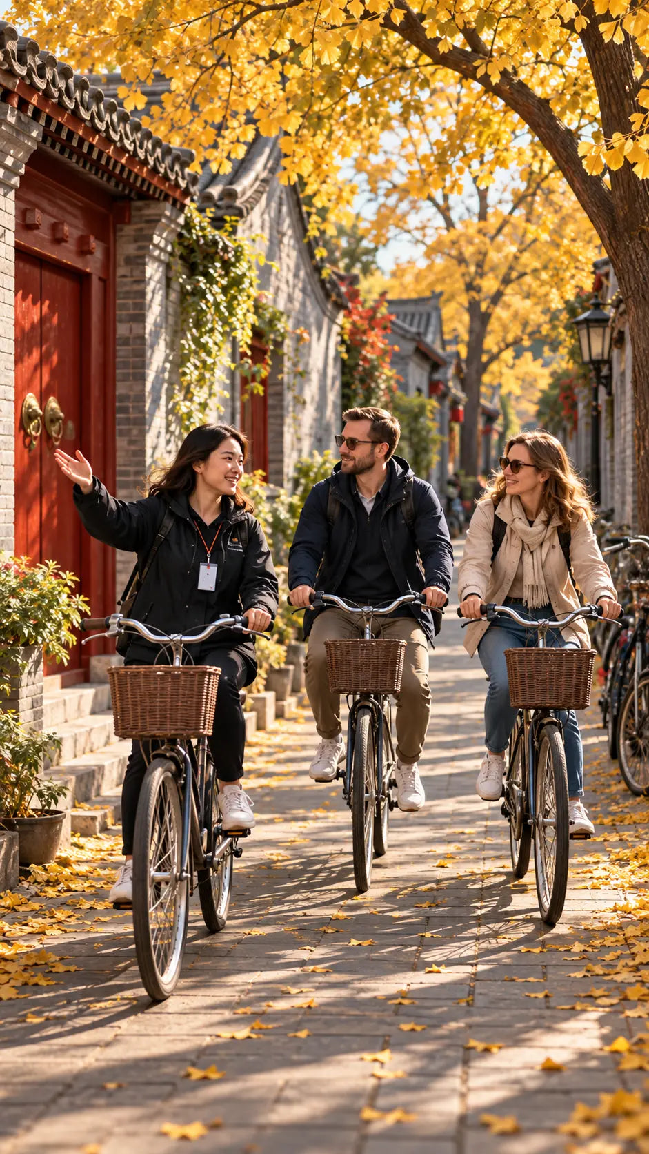 A local guide cycling through a golden Beijing hutong with two travelers