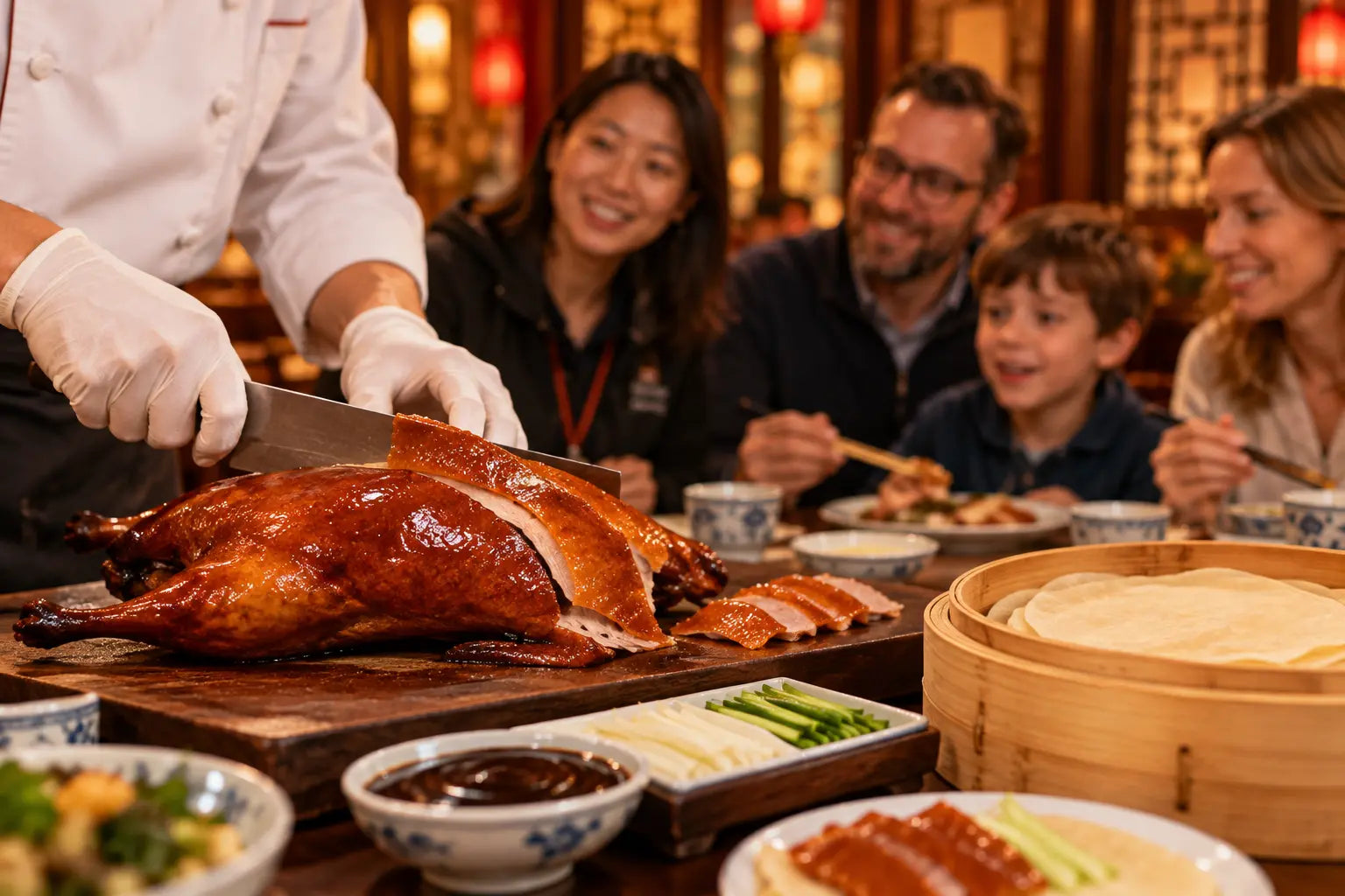 Peking duck being carved for a family at a warm Beijing table