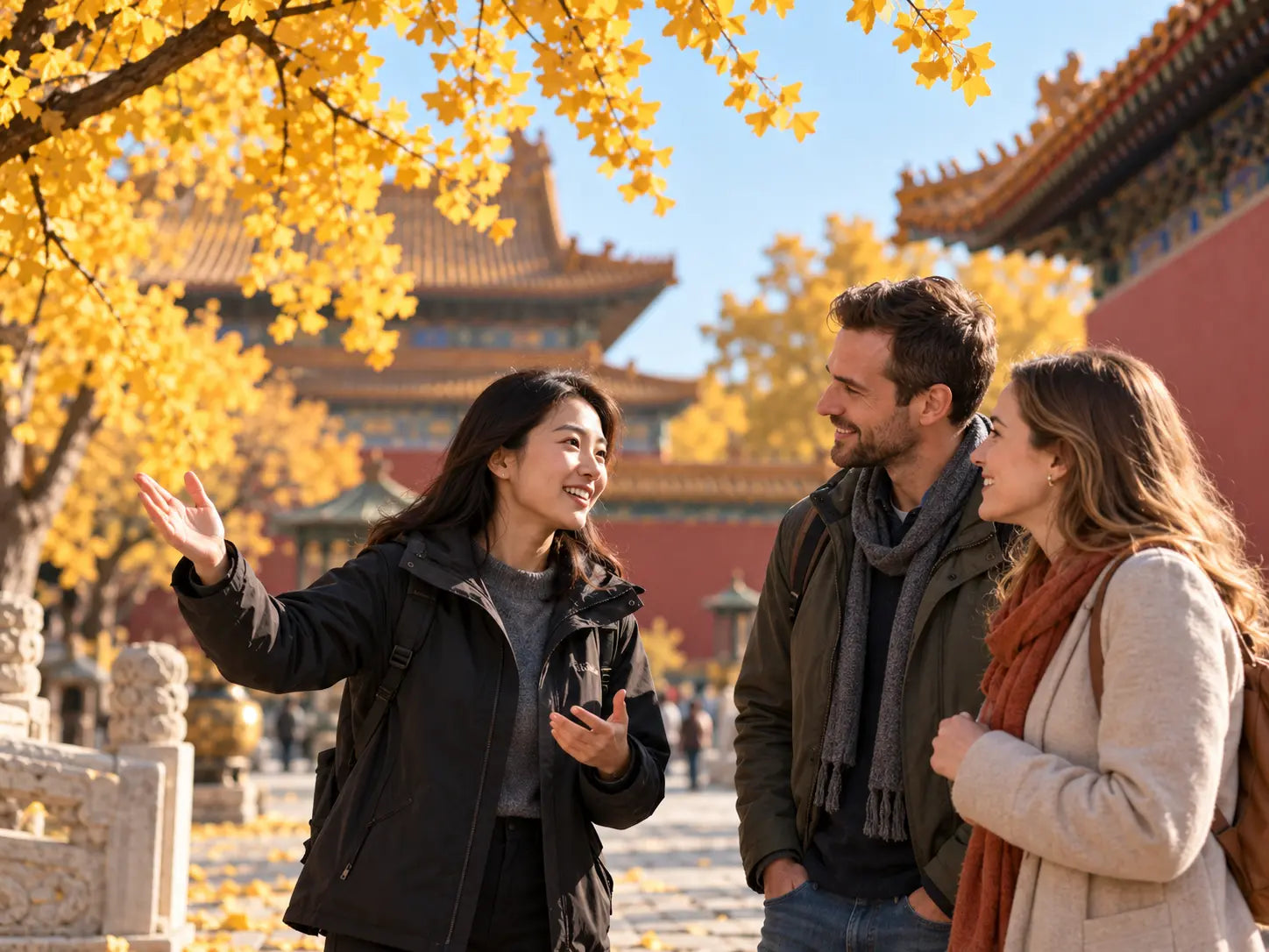 A Beijing local guide sharing a story with two travelers in a golden autumn courtyard